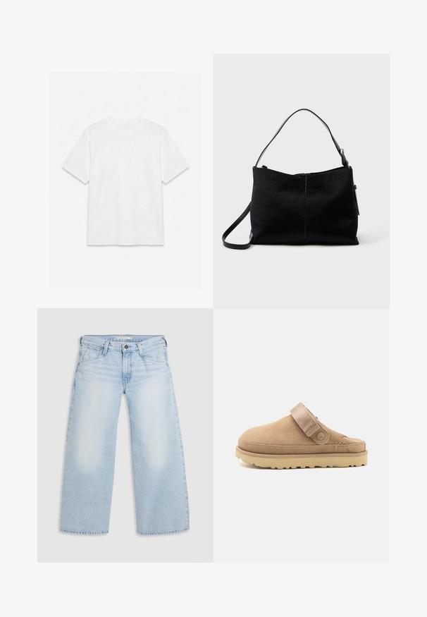 Hvid ensfarvet t-shirt med korte ærmer og rund hals, lagt fladt på en hvid baggrund.; Lyseblå vid nederdel jeans lavet af denim. Har lige snit, fem lommers design og knaplukning i taljen.; Beige suedeklums med en tekstureret overdel, justerbar rem og en solid gummisål med en skridsikker mønster.; Sort skuldertaske med en glat, tekstureret overflade, prydet med en enkelt rem og en lynlåslukning øverst. Kompakt rektangulær form.