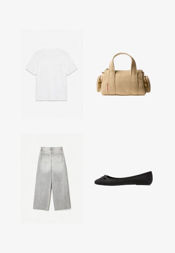 Hvid ensfarvet t-shirt med korte ærmer og rund hals, lagt fladt på en hvid baggrund.; Løse grå denim jeans med et falmet udseende, med to baglommer og rå kanter.; Sorte ruskind ballet flats med rund tå, prydet med en dekorativ sløjfe på forsiden og flad sål. Glat tekstur og klassisk form.; Beige Calvin Klein lærredshåndtaske med to korte håndtag, hovedrum med lynlås og to små sidelommer med lynlås i guldfarvet metal.