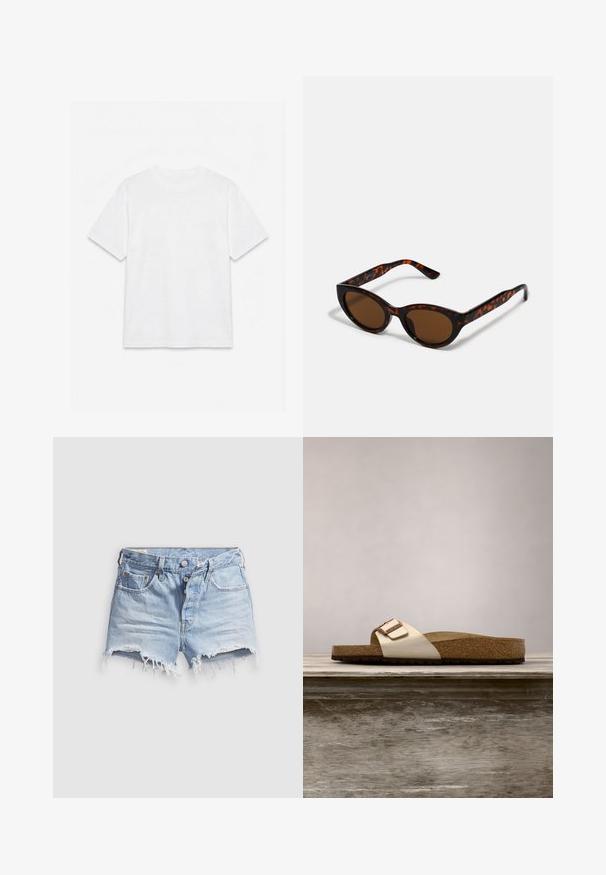 Hvid ensfarvet t-shirt med korte ærmer og rund hals, lagt fladt på en hvid baggrund.; Lyseblå denim shorts med afklippede ben og frynser, fem lommer og knaplukning. Stoffet er blødt med et let slidt udseende.; Sandal med slide-design, der har en let metallisk overdel, korkfodbed og tekstureret brun gummisål. Spænde detalje med logoaccent.; Brune skildpadde solbriller med en vintage katteøje-form og brune linser. Har buede arme med røde detaljer.