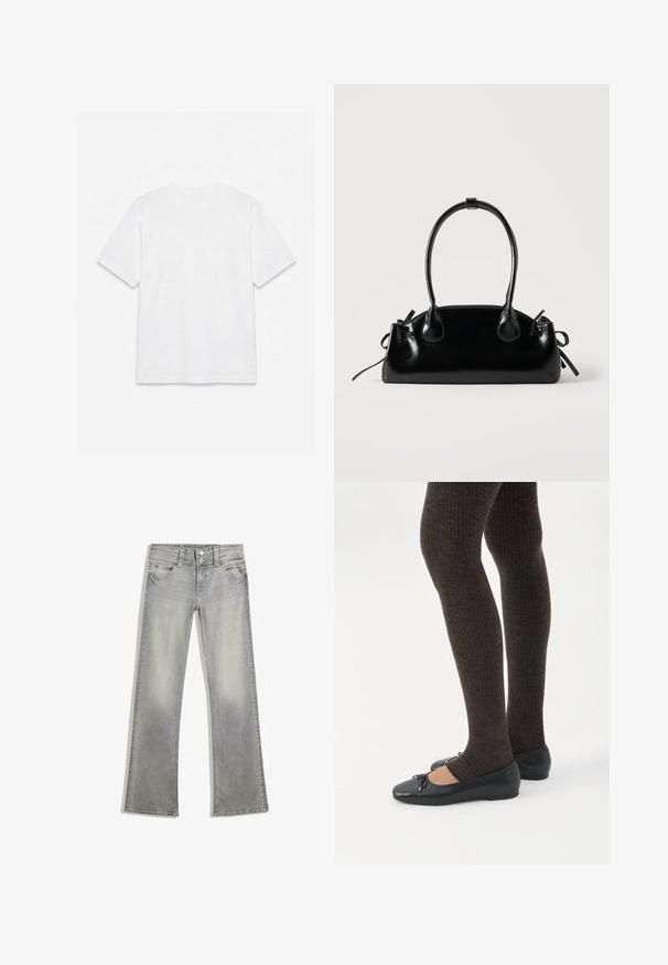 T-shirt blanc uni à manches courtes et col rond, posé à plat sur un fond blanc.; Jeans flare en denim gris avec une finition délavée, dotés d'une fermeture à bouton, de cinq poches et de coutures le long de la taille et de l'ourlet.; Jambes portant des leggings côtelés foncés associés à des ballerines noires avec de petits détails en nœud sur fond blanc.; Petit sac à main noir brillant avec deux longues anses et des détails à cordon sur les côtés sur un fond clair uni.