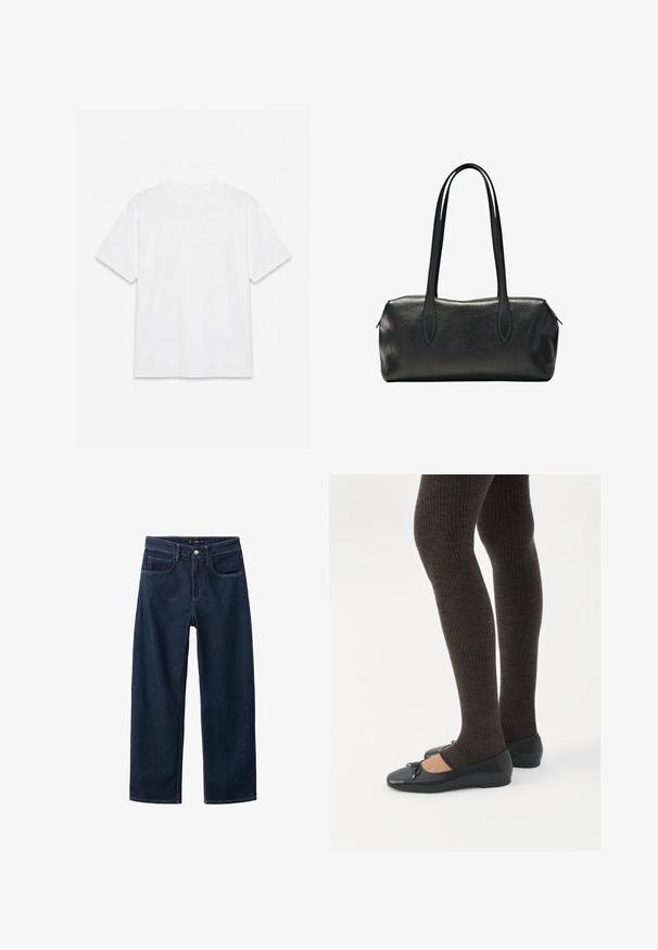 Hvid ensfarvet t-shirt med korte ærmer og rund hals, lagt fladt på en hvid baggrund.; Mørkeblå denim jeans med et lige ben-design, der har en klassisk fem-pockets stil, synlig syning og en knaplukning i taljen.; Ben iført mørke ribbede leggings kombineret med sorte balletsko med små sløjfedetaljer på hvid baggrund.; Sort rektangulær læderhåndtaske med to lange skulderstropper og en lynlåslukning øverst.