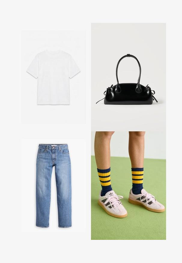 Απλό λευκό κοντομάνικο t-shirt με στρογγυλή λαιμόκοψη, απλωμένο επίπεδα πάνω σε λευκό φόντο.; Ανοιχτό μπλε τζιν παντελόνι με ίσια γραμμή, πέντε τσέπες και φερμουάρ. Το ύφασμα έχει κλασική υφή με ελαφριά φθορά.; Ανοιχτό ροζ σουέντ αθλητικά παπούτσια με μαύρες ρίγες και καουτσούκ σόλες, συνδυασμένα με ναυτικές και κίτρινες ριγέ ριμπ κάλτσες. Πράσινο υφασμάτινο δάπεδο.; Μικρή μαύρη γυαλιστερή τσάντα με δύο μακριές λαβές και λεπτομέρειες με ρυθμιζόμενο κορδόνι στο πλάι σε απλό ανοιχτό φόντο.