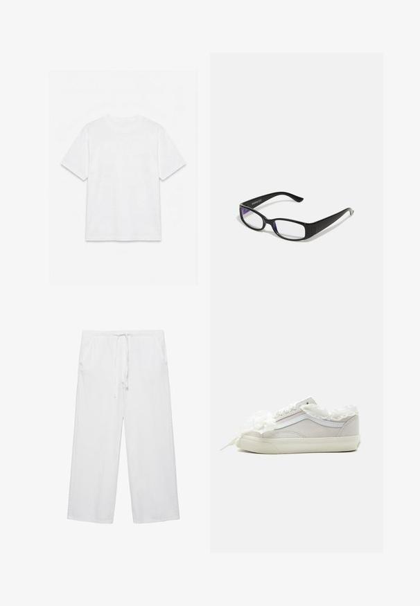 T-shirt blanc uni à manches courtes et col rond, posé à plat sur un fond blanc.; Pantalon blanc à jambes larges avec taille élastique et cordon de serrage, doté de poches latérales et d'une coupe décontractée.; Baskets basses blanches avec col en tissu froncé et nœud en dentelle sur un fond clair uni, vue de côté.; Des lunettes rectangulaires noires avec des verres transparents. Fini brillant, branches étroites et teinte violette visible sur les bords des verres.