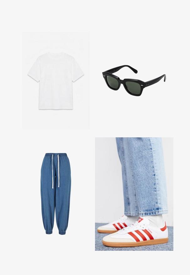 Effend wit T-shirt met korte mouwen en ronde hals, plat gelegd op een witte achtergrond.; Blauwe denim joggerbroek met elastische tailleband en boorden, met witte aantrekkoorden in de taille.; Witte leren sneakers met rode strepen en accenten. Voorzien van een getextureerde gumrubberen outsole en een gevoerde kraag. Draag ze met lichtblauwe denim.; Zwarte vierkante zonnebril met donker groene lenzen, uitgerust met gedurfde monturen en zilveren accenten aan de zijkanten. Gemaakt in Italië.
