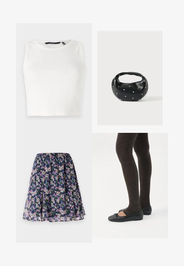 Top sin mangas blanco de canalé con escote redondo. La tela parece suave y elástica, sin adornos ni patrones visibles.; Falda floral con cintura elástica. Presenta un fondo azul marino oscuro con patrones de flores en rosa, blanco y verde. Tela ligera y fluida.; Piernas con leggings oscuros acanalados combinados con bailarinas negras que presentan pequeños detalles de lazo sobre un fondo blanco.; Bolso de mano de cuero negro con forma redondeada, decorado con detalles de tachuelas plateadas y un asa corta. Textura lisa y cierre con cremallera.