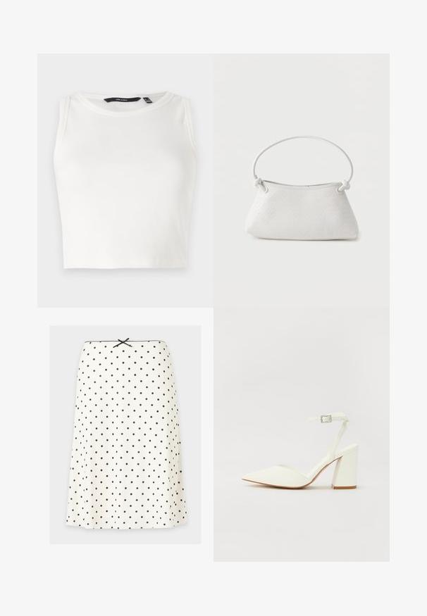 Haut sans manches blanc côtelé avec un col rond. Le tissu semble doux et extensible, sans embellissements ni motifs visibles.; Jupe blanche trapèze à pois noirs, un petit nœud noir à la taille, et un bord festonné le long du bord supérieur.; Sandale blanche à talon avec un bout pointu, sangle de cheville réglable et un talon carré épais. Texture lisse avec des détails de couture minimaux.; Sac à main en cuir tressé blanc avec poignée arrondie et extrémités de lanière nouées, présenté sur un fond uni.