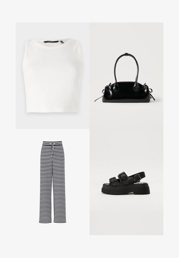 Top sin mangas blanco de canalé con escote redondo. La tela parece suave y elástica, sin adornos ni patrones visibles.; Pantalones de pierna ancha con rayas horizontales en blanco y negro y cintura elástica con cordón ajustable.; Sandalias de plataforma negras con tres correas ajustables de hebilla, una suela texturizada y una parte superior suave. Diseñadas con una silueta robusta y gruesa.; Pequeño bolso negro brillante con dos asas largas y detalles de cordón lateral sobre un fondo claro liso.