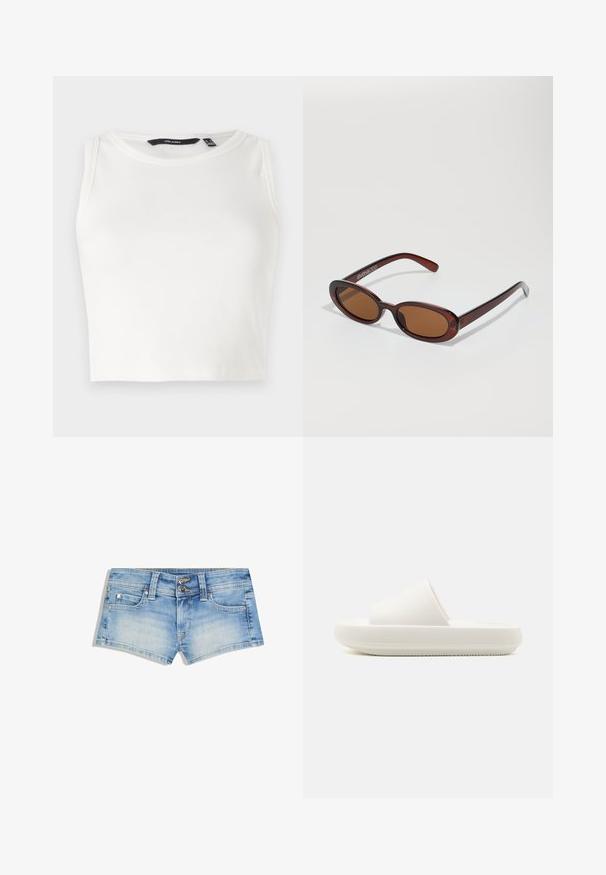Haut sans manches blanc côtelé avec un col rond. Le tissu semble doux et extensible, sans embellissements ni motifs visibles.; Shorts en denim bleu clair avec un effet délavé, deux boutons à la taille, design à cinq poches et détails de surpiqûres contrastées.; Sandale blanche à semelle plate avec une sangle texturée et une semelle ronde et surélevée. Le matériau semble lisse et durable avec un motif subtil.; Lunettes de soleil rondes teinte brun avec une monture bordeaux brillante. Branches fines avec un détail de marque subtil. Design de verres plats.