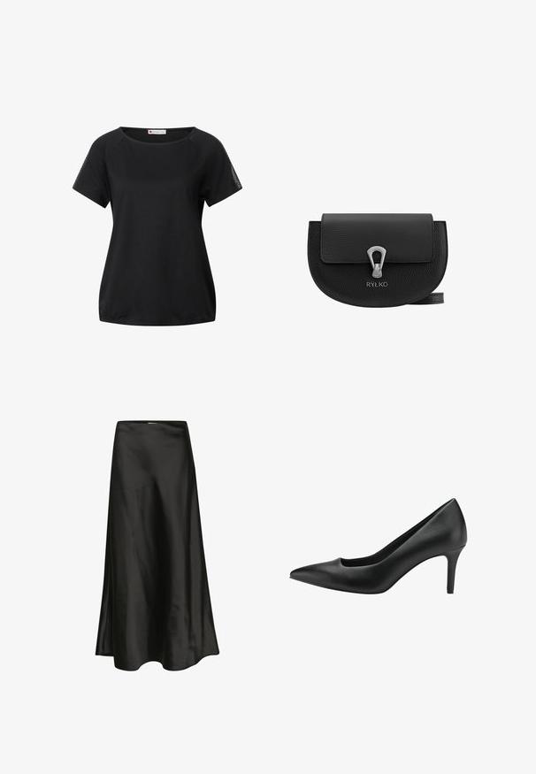 Zwart T-shirt met korte mouwen, gemaakt van zacht materiaal, met mesh panel accenten op de schouders en een relaxte pasvorm met een ronde halslijn.; Zwarte satijnen rok met een gladde textuur, A-lijn vorm en een subtiele glans. Beschikt over een gebogen zoom en een eenvoudig ontwerp van de tailleband.; Zwarte leren hoge hak met een spitse neus, voorzien van een uitsnijdingen ontwerp en een slanke stiletto hak. Glad textuur en een elegante silhouet.; Zwarte leren crossbodytas met een afgeronde vorm, magnetische klepsluiting en een zilverkleurig accent. Voorzien van een reliëflogo aan de voorkant.