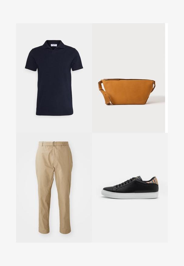 Mørkeblå polo skjorte lavet af bomuld, med klassisk krave og korte ærmer. Enkel design med en glat overflade.; Beige chinos i en glat bomuldsblanding med en slim fit, flad front, bæltestropper og en simpel sølvspænde i et minimalistisk design.; Sorte lædersneakers med en hvid gummisål, der har en stribet multicolor accent på hælen og sort snøre foran med gyldne øjer.; Lys brun læder crossbody taske med justerbar rem og lynlås, vist mod en ensartet lys baggrund.