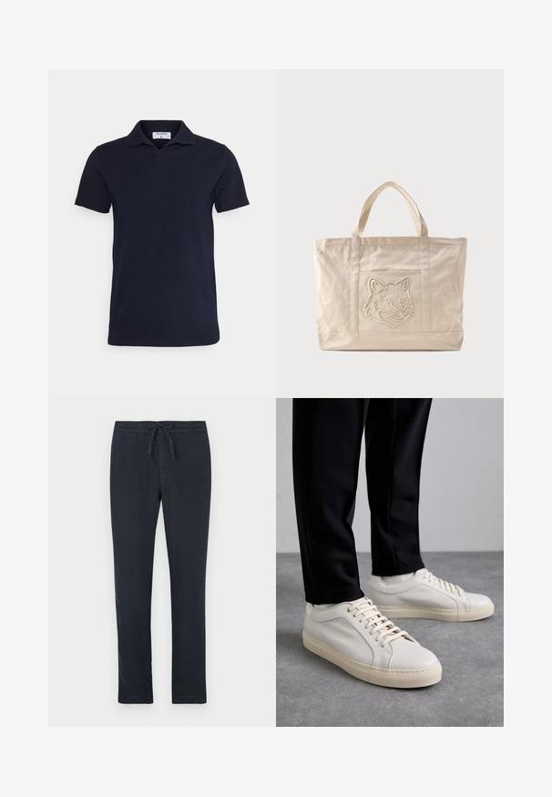 Navyblaues Poloshirt aus Baumwolle mit klassischen Kragen und kurzen Ärmeln. Einfaches Design mit glatter Textur.; Dunkelmarineblaue Leinenhose mit Kordelzugbund, geradem Bein und minimaler Textur. Keine sichtbaren Muster oder Hardwaredetails.; Helle beigefarbene Leder-Sneaker mit flachen Schnürsenkeln, einer strukturierten Oberfläche und einer kontrastierenden, cremefarbenen Gummisohle, kombiniert mit schwarzen eng geschnittenen Hosen.; Beige Canvas-Tragetasche mit doppelten Griffen und einem geprägten Wolfskopfdesign auf der Fronttasche.