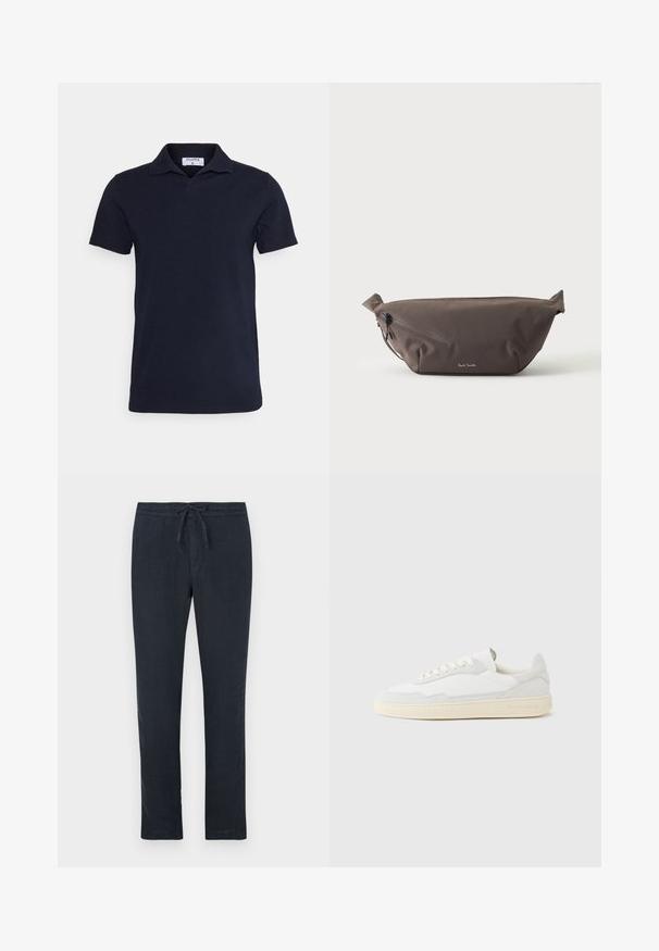 Navyblaues Poloshirt aus Baumwolle mit klassischen Kragen und kurzen Ärmeln. Einfaches Design mit glatter Textur.; Dunkelmarineblaue Leinenhose mit Kordelzugbund, geradem Bein und minimaler Textur. Keine sichtbaren Muster oder Hardwaredetails.; Weißer Sneaker mit strukturiertem Obermaterial aus Wildleder und Leder. Verfügt über eine runde Zehenpartie, Schnürverschluss und eine kontrastierende beige Gummisohle.; Dunkelbraune Stoff-Gürteltasche mit diagonalem Reißverschlussfach und kleinem weißen Logo vorne, vor einem einfarbigen hellen Hintergrund.