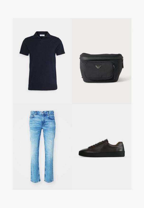 Polo en coton bleu marine, avec un col classique et des manches courtes. Design simple avec une texture lisse.; Jean en denim bleu avec un lavage délavé, design à jambe droite et ourlet brut. Présente une coupe cinq poches et des détails en métal sur les boutons.; Baskets basses en cuir marron foncé avec semelle en caoutchouc noire, lacets à l'avant et design minimaliste épuré sur fond clair.; Sac banane noir avec poche avant zippée et logo aigle argenté, tissu lisse avec bordure texturée et tirettes de fermeture éclair.