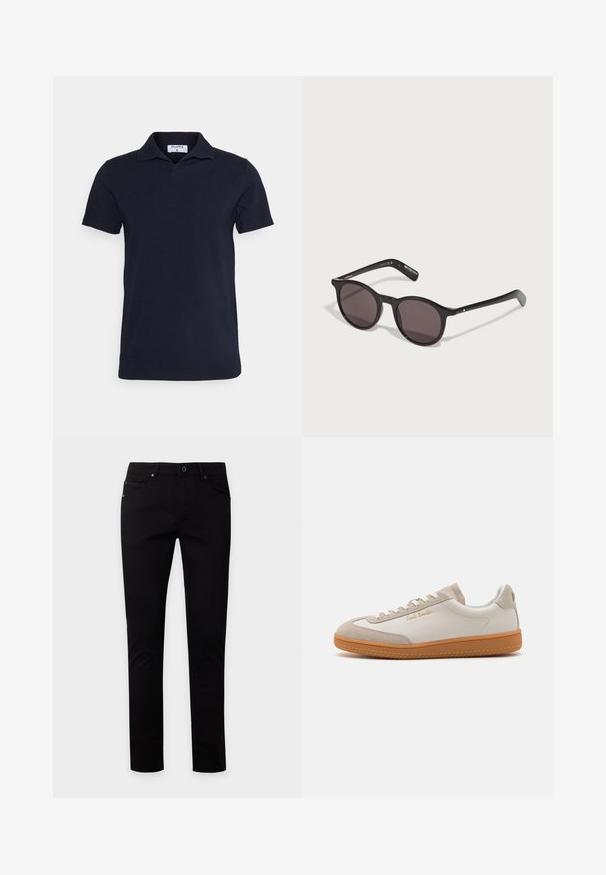 Marineblauwe poloshirt van katoen, met een klassieke kraag en korte mouwen. Eenvoudig ontwerp met een gladde textuur.; Zwarte slim-fit jeans met knoop- en ritssluiting, voor- en achterzakken, weergegeven op een effen lichte achtergrond.; Witte en beige lage sneakers met een gumrubberen zool, witte veters, suède details en een gouden "Paul Smith" logo aan de zijkant.; Zwarte ronde zonnebril met donkere lenzen, een glad plastic frame en slanke pootjes met een gestructureerde gripdetail.
