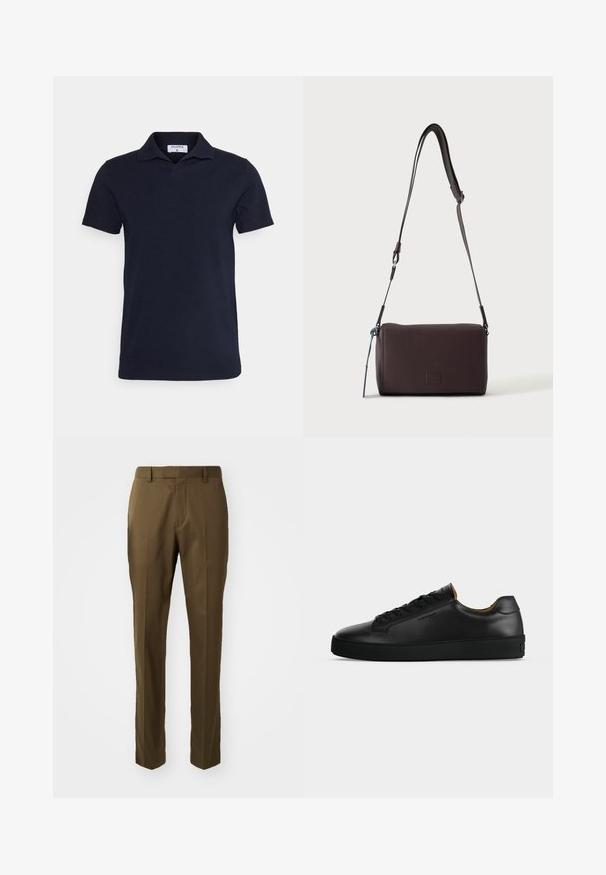 Navyblaues Poloshirt aus Baumwolle mit klassischen Kragen und kurzen Ärmeln. Einfaches Design mit glatter Textur.; Braune maßgeschneiderte Hose im geraden Schnitt, aus glattem Stoff mit seitlichen Taschen und einem Bundfalten vor.; Schwarzer flacher Ledersneaker mit schwarzen Schnürsenkeln, strukturierter Gummisohle und kleinem eingeprägtem Logo an der Seite, im Profil vor grauem Hintergrund gezeigt.; Dunkelbraune, strukturierte Leder-Crossbody-Tasche mit verstellbarem Riemen und kleinem dekorativen blauen Akzent an der Seite.