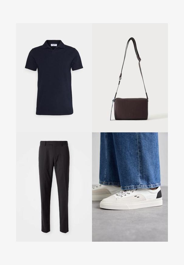 Marineblauwe poloshirt van katoen, met een klassieke kraag en korte mouwen. Eenvoudig ontwerp met een gladde textuur.; Zwarte op maat gemaakte broeken met een platte voorkant, slim fit, riemlussen en een soepele textuur. Geschikt voor formele of zakelijke kleding.; Witte en zwarte sneakers met een glad leren bovenwerk, textuuraccenten en een chunky witte zool. Heeft een klassiek vetersluiting ontwerp.; Donkerbruine gestructureerde leren crossbodytas met verstelbare riem en klein decoratief blauw accent aan de zijkant.