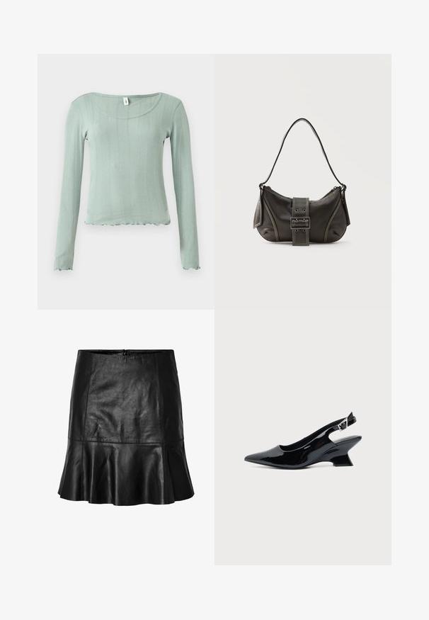 Lichtgroen longsleeve met een geribbelde structuur, een ronde halslijn en een golvende zoom. Gemaakt van zacht materiaal, met een nadruk op een aansluitend silhouet.; Zwart leren mini-jurk met uitlopende zoom en zichtbare stiksels, met een ritssluiting aan de achterkant.; Zwarte lakleren slingback schoen met spitse neus en lage schuine blokhak op een effen lichte achtergrond.; Zwarte leren schoudertas met gespsluiting aan de riem, afgeronde hoeken en contrasterende witte stiksels op een effen achtergrond.