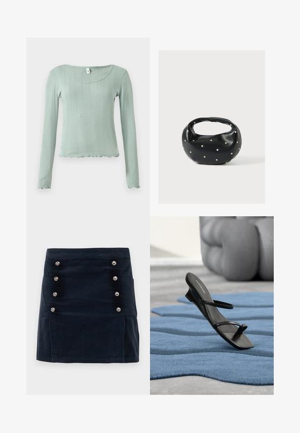 Lysegrøn bluse med lange ærmer, ribbet tekstur, rund halsudskæring og bølget kant. Fremstillet af blødt materiale, der fremhæver en figursyet silhuet.; Marineblå corduroy nederdel med lige pasform, fem metalliske knapper foran og to sidelommer for funktionalitet.; Sort sandal med remme og tå-loop vist på et blåt tekstureret tæppe, med en stor grå dekorativ genstand sløret i baggrunden.; Sort læderhåndtaske med en rundet form, dekoreret med sølvnitter, og et kort håndtag. Glat tekstur og lynlåslukning.