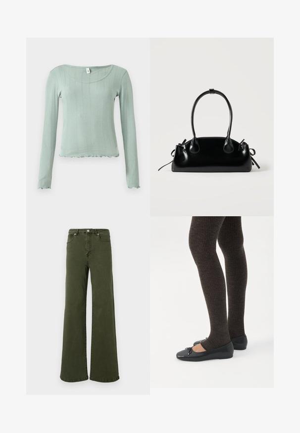 Lichtgroen longsleeve met een geribbelde structuur, een ronde halslijn en een golvende zoom. Gemaakt van zacht materiaal, met een nadruk op een aansluitend silhouet.; Olijfgroene flared jeans van katoen, met een hoge taille, vijf-pocket ontwerp, metalen knop en stiksels langs de naden.; Benen met donkere geribbelde leggings gecombineerd met zwarte ballerina's met kleine strikdetails op een witte achtergrond.; Kleine zwarte glanzende handtas met twee lange hengsels en zijkant trekkoord details op een effen lichte achtergrond.