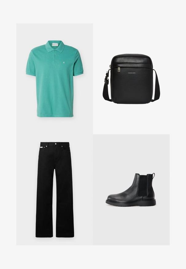 Teal kortærmet polo t-shirt med krave og to knapper, med lille hvidt "cK" logo på venstre bryst.; Sorte denimbukser med bred ben-design, der har fem lommer og metallisk knapdetalje. Glat tekstur, uden synlige mønstre.; Sorte læder chelsea støvler med tekstureret finish, elastiske sidepaneler og en robust gummisål. Subtil branding på hælen.; Sort Calvin Klein skuldertaske med justerbar rem, forreste lynlåslomme og subtilt logo på tekstureret læderoverflade.