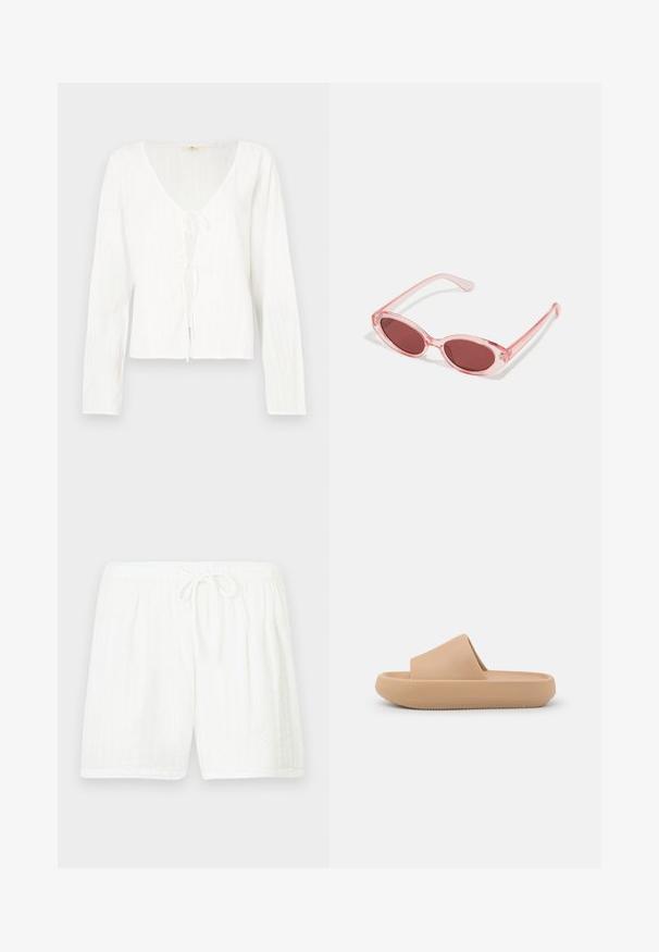 Blusa blanca de manga larga con un pronunciado escote en V, detalle de lazada al frente, y rayas texturizadas en toda la tela.; Pantalones cortos blancos de algodón con cintura elástica y cordón. Presentan un patrón texturizado con rayas verticales y bolsillos laterales.; Sandalia deslizante marrón con una tira gruesa y texturizada y una suela redondeada. Presenta un acabado suave y una parte inferior con tacos para mayor agarre.; Gafas de sol transparentes rosas con lentes ovalados, tinte rojo oscuro y varillas delgadas, con un acabado suave y detalles sutiles en la montura.