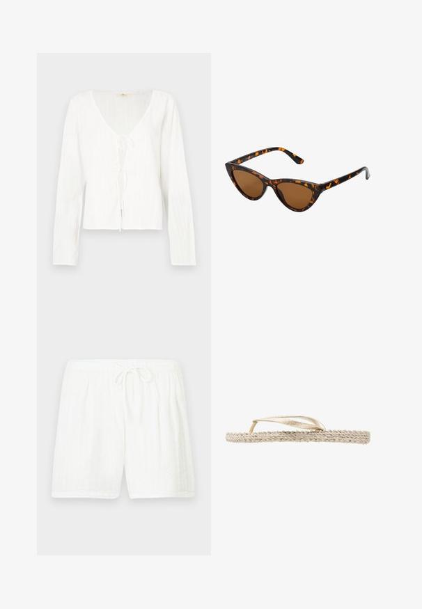 Blusa blanca de manga larga con un pronunciado escote en V, detalle de lazada al frente, y rayas texturizadas en toda la tela.; Pantalones cortos blancos de algodón con cintura elástica y cordón. Presentan un patrón texturizado con rayas verticales y bolsillos laterales.; Sandalia plana beige con suela trenzada y finas tiras metálicas doradas, vista de perfil sobre fondo blanco.; Gafas de sol estilo ojo de gato con montura de carey negra y naranja, lentes marrones y puntas elegantes y afiladas. Presenta un logo minimalista en la patilla.