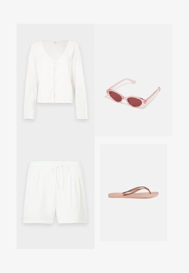Blouse blanche à manches longues avec un col en V profond, un nœud à l'avant et des rayures texturées sur tout le tissu.; Shorts blancs en coton avec une taille élastique et un cordon de serrage. Présentent un motif texturé avec des rayures verticales et des poches latérales.; Une seule sandale tongs rose clair avec semelle texturée et brides en forme de Y en or rose métallique sur un fond uni.; Lunettes de soleil transparentes roses avec des verres ovales, teintés d'un rouge foncé, et des branches fines, présentant une finition lisse et des détails subtils sur la monture.