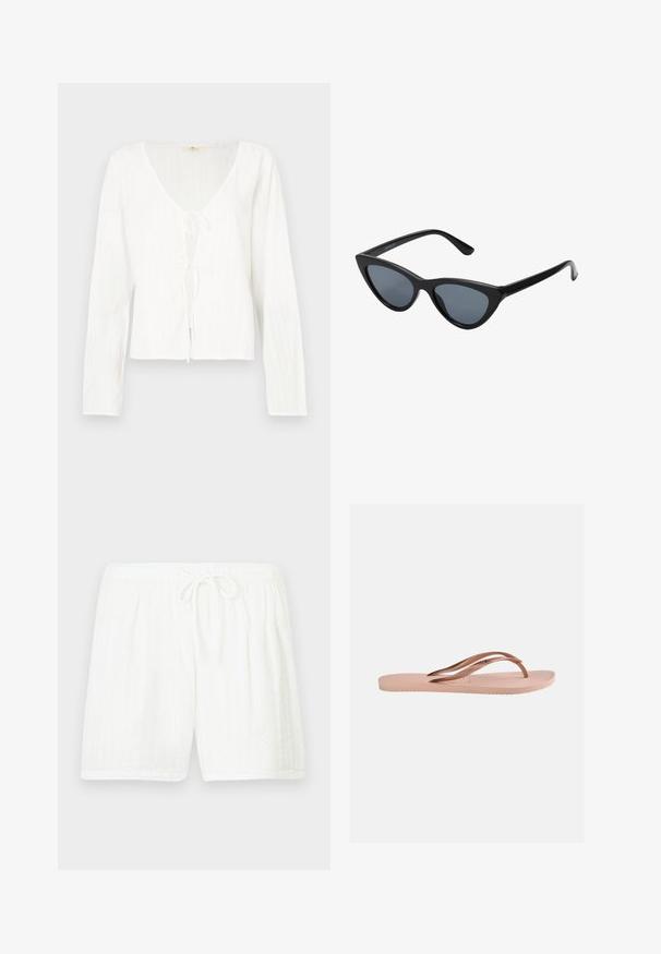 Hvid bluse med lange ærmer med dyb V-hals, bindedetalje foran og teksturerede striber over hele stoffet.; Hvide bomuldsshorts med elastisk talje og snøre. Har et tekstureret mønster med lodrette striber og sidelommer.; Enkelt lys pink klip-klap sandal med tekstureret sål og metalliske roseguld Y-formede remme på en ensfarvet baggrund.; Sorte katteøje solbriller med mørkegrå linser, slankt plastisk stel, spidse hjørner og lige stænger. Ingen synlig hardware eller dekorationer.