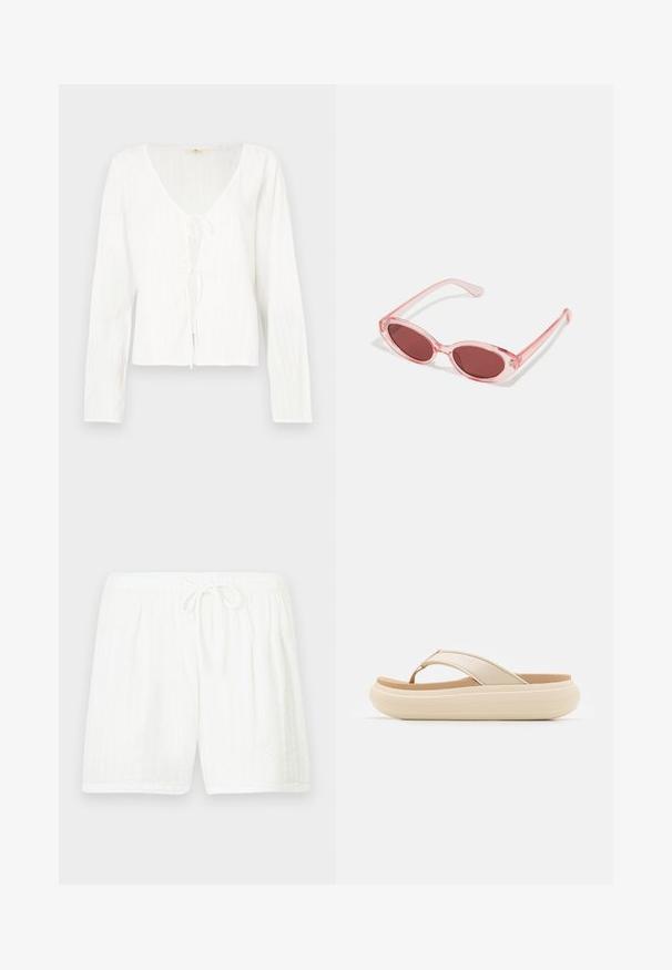 Witte blouse met lange mouwen, diepe V-hals, strikdetail aan de voorkant en textuurrijke strepen in de stof.; Witte katoenen korte broek met een elastische tailleband en trekkoord. Heeft een gestructureerd patroon met verticale strepen en zijzakken.; Beige slippersandalen met een brede teband en een dikke, ronde zool. Beschikt over een glad bovenmateriaal en een contrasterend bruine voetbed.; Roze transparante zonnebril met ovale lenzen, donkerrode tint en slanke pootjes, met een gladde afwerking en subtiele details op het frame.