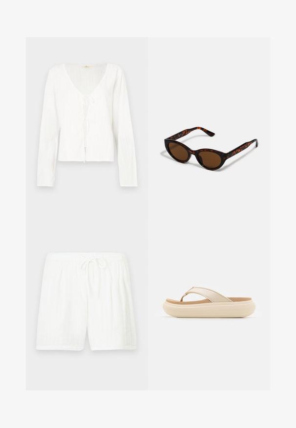 Blouse blanche à manches longues avec un col en V profond, un nœud à l'avant et des rayures texturées sur tout le tissu.; Shorts blancs en coton avec une taille élastique et un cordon de serrage. Présentent un motif texturé avec des rayures verticales et des poches latérales.; Sandale à lanières beige avec une large bride pour les orteils et une semelle épaisse et arrondie. Dispose d'un matériau supérieur lisse et d'un semelle intérieure brun contrastant.; Lunettes de soleil en écaille de tortue marron avec une forme vintage de lunettes cat-eye et des verres marron. Présente des branches courbées avec des accents rouges.