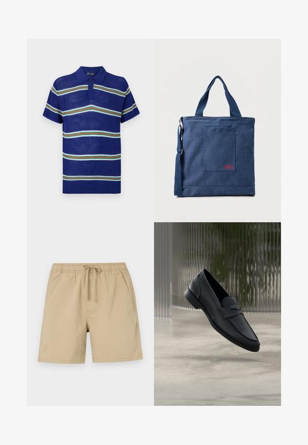 Blauw gebreid polo shirt met korte mouwen, voorzien van horizontale strepen in het wit, groen en rood met een drieknoopsluiting.; Beige shorts van katoen met een elastische tailleband, een trekkoord en zijzakken. Gladde textuur en boven de knie lengte.; Zwarte leren loafer met een gladde afwerking, puntige neus en gestikte details over de wreef. Lage hak en minimalistisch ontwerp.; Blauwe canvas tas met voorvak en rode "O.N.S" borduring, voorzien van dubbele handvatten en een verstelbare schouderriem.