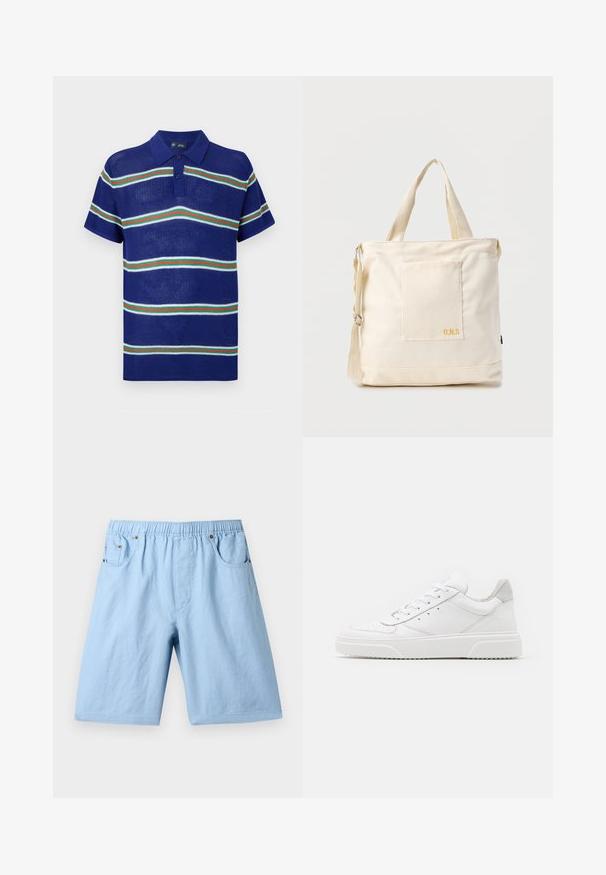 Polo shirt tricoté bleu à manches courtes, avec des rayures horizontales blanches, vertes et rouges, et une patte de boutonnage à trois boutons.; Shorts bleu clair avec une taille élastique, deux poches avant et une texture lisse. Fabriqués à partir d'un tissu doux, adaptés à un usage décontracté.; Des baskets en cuir blanc avec une finition lisse, un bout rond, des lacets plats et une semelle texturée. Accents en daim gris au niveau du talon.; Sac fourre-tout en toile crème avec poche avant, deux poignées, bandoulière réglable et petit texte jaune "O.N.S" en bas à droite de la poche.