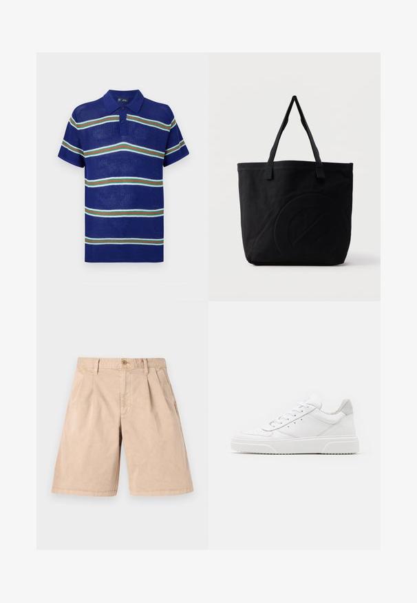 Blå strikket polo t-shirt med korte ærmer, med vandrette striber i hvid, grøn og rød samt en tre-knaps placket.; Beige shorts lavet af bomuld, med en lige pasform, plisseret front, sidelommer og en enkelt knaplukning i taljen.; Hvide lædersneakers med en glat finish, rund tå, flade snørebånd og en struktureret sål. Grå ruskindsdetalje ved hælen.; Sort canvas-tote-taske med to skulderstropper og et diskret præget cirkeldesign på fronten.