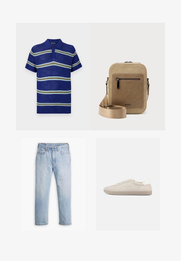 Polo de punto azul con mangas cortas, que presenta rayas horizontales en blanco, verde y rojo, con una tapeta de tres botones.; Jeans de mezclilla azul claro con un diseño de pierna recta, estilo de cinco bolsillos y costuras en contraste. Cierre de botón y cremallera en la cintura.; Zapatilla beige de ante con parte superior texturizada, contrafuerte de talón blanco liso, cordones finos y suela de goma. Presenta un diseño de perfil bajo.; Bolso pequeño beige tipo bandolera con bolsillo frontal con cremallera, logo metálico de ALDO, correa ancha ajustable y forma rectangular redondeada sobre fondo blanco.