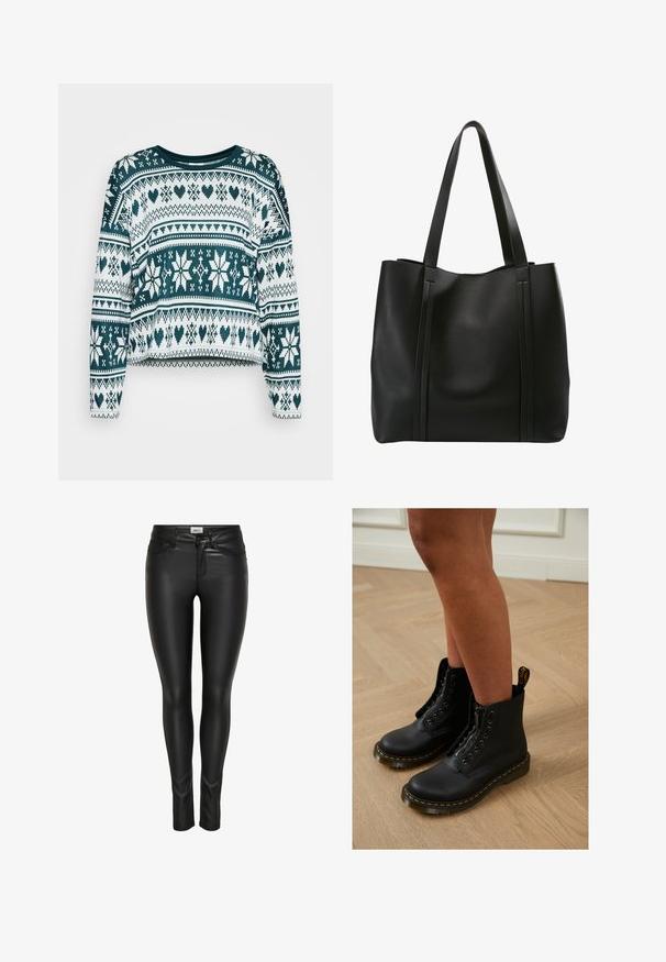 Suéter con una combinación de colores en verde azulado y blanco, con un patrón geométrico que incluye corazones y copos de nieve. Mangas largas y cuello redondo.; Pantalones de imitación de cuero negros de corte ajustado, con cierre de botón en la parte delantera, cremallera y pasadores para cinturón, exhibidos sobre un fondo blanco.; Botas de cuero negro hasta el tobillo con diseño de cremallera y cordones, que presentan costuras amarillas y una suela gruesa y texturizada.; Bolsa de mano negra de cuero con dos asas largas, que presenta un diseño minimalista, textura suave y costuras verticales en la parte frontal.