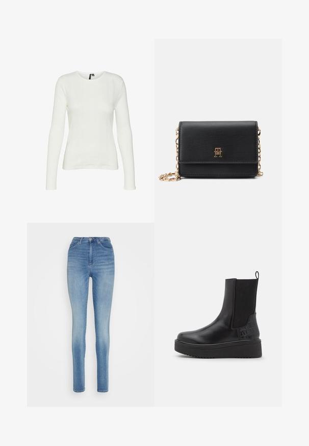 Weißes Langarmshirt mit rundem Halsausschnitt. Der Stoff hat ein strukturiertes Muster mit vertikalen Linien und gerippten Details.; Vero Moda Tall VMSOPHIA - Jeans Skinny Fit - light blue denim; Schwarze Leder-Stiefeletten mit elastischen Seitenpaneelen, strukturierten Akzenten im Krokodilsmuster, kräftiger Plattformsohle und Ziehschlaufe.; Schwarze Kunstleder-Crossbody-Tasche mit goldener Kettenriemen, ausgestattet mit einem magnetischen Klappenverschluss und einem geprägten Logo-Detail auf der Vorderseite.