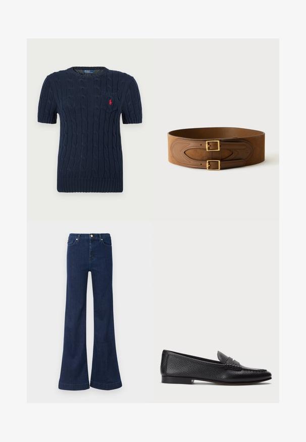 Marineblå kortærmet sweater med kabelstrikdesign, rund halsudskæring og lille brystlomme. Har rødt logoaccent på lommen.; Mørkeblå flared jeans lavet af denim, med høj talje, diskret slid og guldhardware på frontlommerne og lukningen.; Sorte læder loafers med struktureret finish, der har en dekorativ rem og flad hæl. Slank, minimalistisk design med rund tå.; Bred brun ruskindsbælte med to gyldne firkantede spænder og læderdetaljer på en ensartet hvid baggrund.