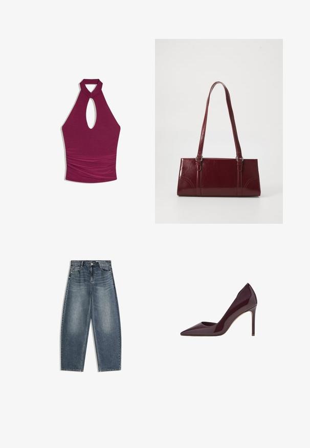 Ærmeløs burgunder haltertop med nøglehuludskæring ved brystet og rynket stofdetalje omkring taljen.; Denimjeans i mediumblå med en løs, vid ben-design. Har klassisk fem-lomme-konstruktion og en falmet finish.; Bordeaux patent læder højhælet pump, spids tå design, slank silhuet og stiletto hæl. Glat tekstur med blank finish.; Bordeaux håndtaske lavet af glansfuldt materiale, rektangulær form, med to skulderremme og subtile buede detaljer på forsiden.
