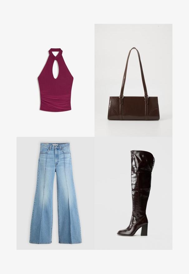 Ärmelloses burgunderfarbenes Neckholder-Top mit Ausschnitt an der Brust und gerafftem Stoffdetail um die Taille.; Hellblaue, hoch geschnittene Jeans mit weitem Bein, Front- und Gesäßtaschen, Gürtelschlaufen und vertikalen Nahtdetails auf der Vorderseite.; Kniehohe, glänzende Stiefel aus burgunderfarbenem Leder mit quadratischer Spitze und Blockabsatz, mit einem lässigen Design und minimalen Nähten.; Braune Lackleder-Handtasche in rechteckiger Form, mit zwei langen Griffen und subtilen, geschwungenen Akzenten auf der Vorderseite.