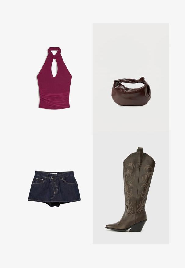 Haut sans manches bordeaux à col halter avec une découpe en forme de trou à la poitrine et un détail de tissu froncé autour de la taille.; Mini-jupe en denim bleu foncé avec poches avant, passants de ceinture et surpiqûres jaunes visibles sur fond blanc.; Botte de cowboy en cuir marron avec un embout pointu, un talon compensé et des broderies décoratives. Dispose d'un long tige et d'une languette de tirage.; Sac bandoulière en cuir marron foncé avec une forme souple et décontractée et une anse nouée torsadée sur un fond blanc uni.