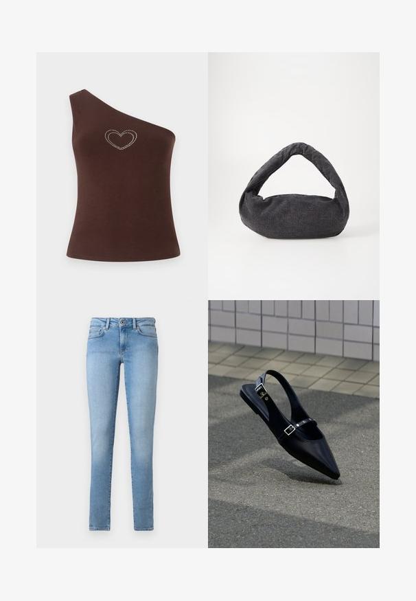 Pruun, ühte õlga kattev tank top, valmistatud siledast kangast, millel on rinnal sädeluse südame kujundus. Lihtne lõige ja puhtad jooned.; Heleda sinine teksapüksid otse lõikega, viie tasku ja ees nööbiga kinnitusega. Sujuv tekstuur ja pleekinud viimistlus.; Mustad terava ninaga madalad slingback-tossud topeltpandlatega, mis on asetatud hallile asfaldile plaatseina taustal.; Tumehallist kangast kott, millel on kaardus käepide, pehme tekstuur ja ümar kuju. Pole nähtavaid metallosi ega kaunistusi.