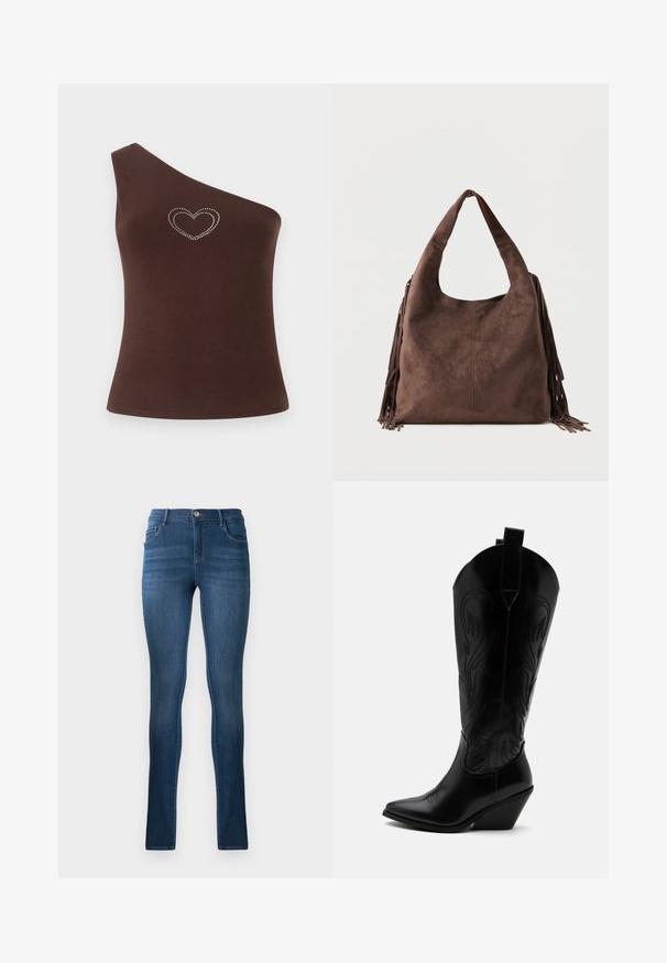 Brun, én-skulder tanktop, lavet af glat stof, med et rhinsten hjerte-design på brystet. Enkel snit og rene linjer.; Slankjeans i mørkeblå denim med høj talje, klassisk fem-lommer design og subtil falmning. Inkluderet metalknaplukning.; Sort læder cowboystøvle med spidst tåparti, skråt blokhælhæl, dekorative sømme og trækstropper øverst mod hvid baggrund.; Brun skuldertaske i ruskind med bred rem og lange frynser på begge sider, vist mod en plain lys baggrund.
