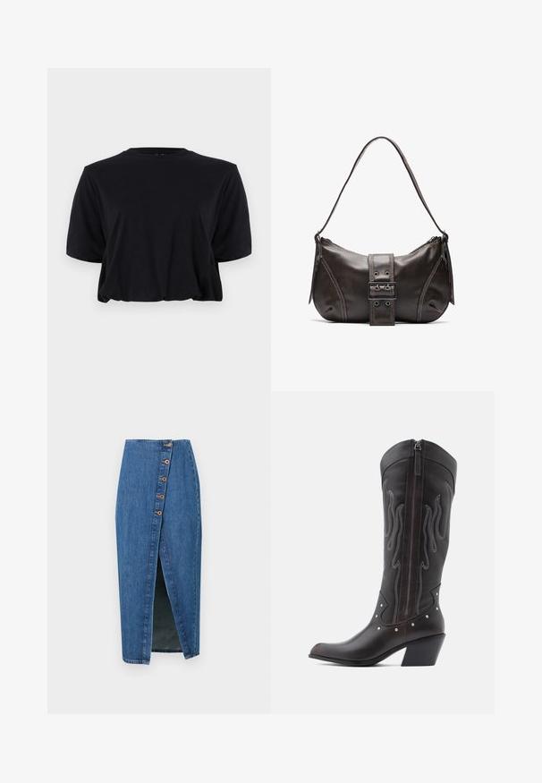 Zwarte, cropped katoenen t-shirt met korte mouwen en een ronde halslijn, met een strakke, naadloze afwerking en een zachte textuur.; Denim kokerrok in mediumblauw met een voornaad, voorzien van zes bronzen knopen langs de zijnaad. Soepele textuur en een aansluitend ontwerp.; Bruine leren cowboylaarzen met vlamstiksels, zijrits, zilveren studs, spits toelopende neus en gestapelde hak.; Bruine leren schoudertas met een gebogen vorm, voorzien van een opvallende gespdetail, contrasterende stiksels en een enkele schouderband.