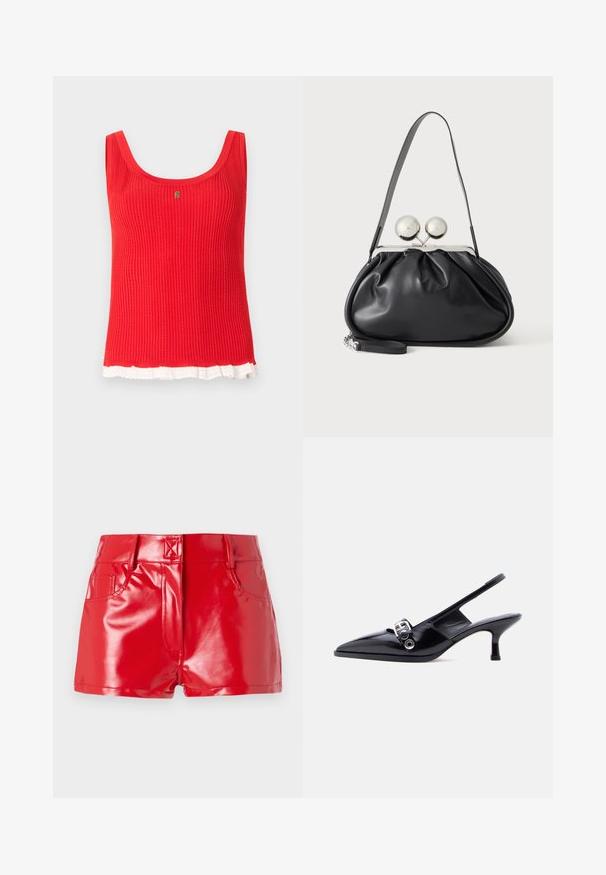 Rood geribd mouwloos topje met een ronde halslijn en witte kanten zoom langs de onderkant, met een klein gouden embleem in het midden.; Rode faux leren shorts met een glanzende afwerking, met een hoge taille, zijzakken en stiksels. Gelaagd, aansluitend ontwerp.; Zwarte slingback kitten heel schoen van lakleer met puntige neus en zilveren gespsluiting op een effen witte achtergrond.; Zwarte leren handtas met een geplooid ontwerp, een enkele schouderband, zilverkleurige metalen omlijsting en twee grote ronde zilveren sluitingen.