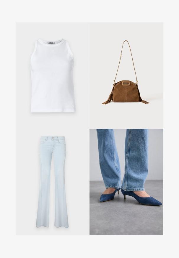 Hvid ribbet behåret top med rund halsudskæring, ærmeløst design og et lille logo på fronten. Glat tekstur og tætsiddende pasform.; Lyseblå flagrende jeans lavet af denim. Funktioner inkluderer en knaplukning, fem lommer og diskret syning. Glat tekstur og brede ben.; Blå ruskinds kitten heels med spidse tæer og en lav hæl, parret med lyseblå denim jeans med lige ben.; Brun ruskind skuldertaske med lang rem, rektangulært håndtagsudskæring og kvastdetaljer på siderne mod hvid baggrund.