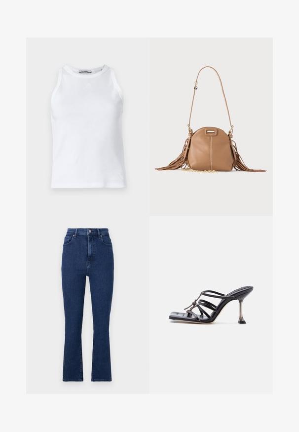 Débardeur blanc à côtes avec un col rond, sans manches et un petit logo sur le devant. Texture lisse et silhouette cintrée.; Jeans taille haute bleu foncé en tissu en denim avec une coupe droite, dotés de poches avant et d'une fermeture à bouton en métal.; Sandale à talon haut noire avec brides fines, bout carré et talon stiletto mince, présentant des brides qui se croisent et un nœud décoratif sur le dessus.; Petit sac à bandoulière en cuir fauve avec longue bandoulière, détail chaîne dorée et franges des deux côtés sur un fond neutre.