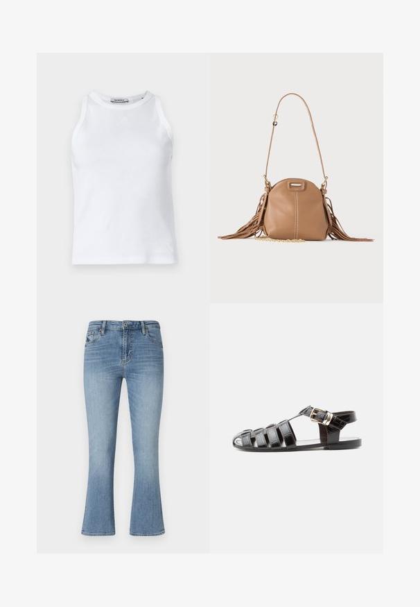 Weißer, gerippter Tanktop mit rundem Ausschnitt, ärmellosem Design und kleinem Logo auf der Vorderseite. Glatte Textur und figurbetonter Schnitt.; Hellblaue Schlagjeans aus Denim. Hat eine mittelhohe Taille, fünf Taschen und Gürtelschlaufen. Verwaschene Details und sichtbare Nähte.; Schwarze Ledersandale im Fischermuster mit offenem Zehenbereich, mehreren Riemen und goldener Schnalle auf flacher Sohle, seitliche Ansicht.; Kleine hellbraune Lederschultertasche mit langem Riemen, goldenem Kettendetail und Fransen an beiden Seiten vor neutralem Hintergrund.