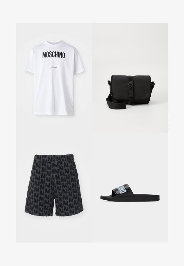 T-shirt en coton blanc avec un grand texte noir "MOSCHINO" au-dessus d'un texte plus petit "Milano". Encolure classique et manches courtes.; Shorts flous noirs et gris avec un motif texturé évoquant la lettre "M". Ils possèdent une taille avec un bouton et des poches latérales.; Sandale noire à bride large ornée d'un grand texte bleu clair en lettres majuscules sur fond blanc.; Sac bandoulière noir en nylon avec rabat, doté d'une fermeture à bande logo proéminente, d'une bandoulière réglable et de détails de surpiqûres sur les côtés.