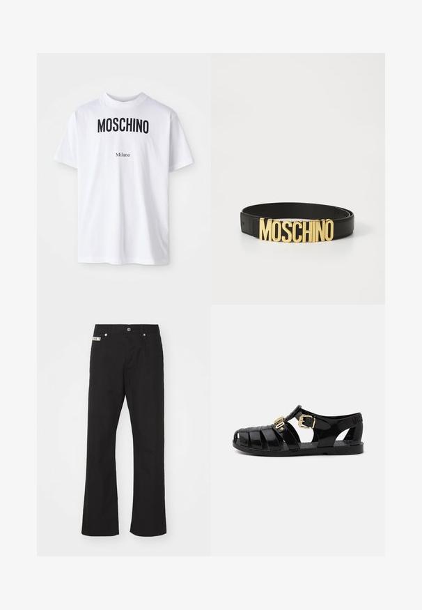 Biele bavlnené tričko s odvážnym čiernym textom "MOSCHINO" nad menším textom "Milano". Klasický okrúhly výstrih a krátke rukávy.; Čierne bavlnené nohavice s rovnými nohavicami, zakončené predným zapínaním na gombík, dvoma bočnými vreckami a malou značkovou nášivkou na páse.; Čierne gumové šľapky s výrezovým dizajnom, s prackou zlaté farby a textúrovanou stielkou. Logo vyrazené na päte.; Čierny kožený opasok s veľkou zlatou prackou s logom "MOSCHINO", hladký povrch, nastaviteľná veľkosť a minimalistický dizajn.
