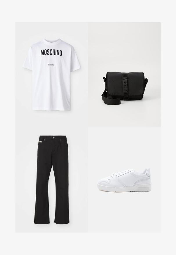 Witte katoenen T-shirt met bold zwarte "MOSCHINO" tekst boven de kleinere tekst "Milano". Klassieke ronde hals en korte mouwen.; Zwarte katoenen broek met een rechte pijpdesign, voorzien van een sluiting met een knoop aan de voorkant, twee zijzakken en een klein merklabel op de tailleband.; Witte lage sneaker met veterontwerp, glad synthetisch bovenwerk en een patroon op de rubberen zool, afgebeeld tegen een effen lichte achtergrond.; Zwarte nylon schoudertas met klep, voorzien van een opvallende logo riemsluiting, een verstelbare schouderriem en zijnaaddetails.